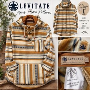 Levitate Mens Fleece Pullover Hoodie Southwestern Stripe Recycled Earth Tones L